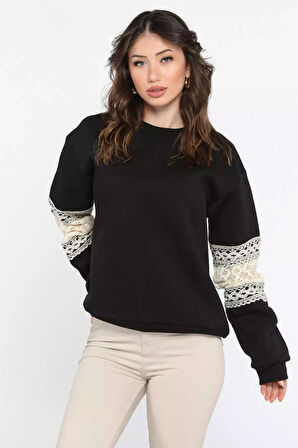 Kadın Bisiklet Yaka Kol Detaylı Şardonlu Sweatshirt