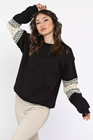 Kadın Bisiklet Yaka Kol Detaylı Şardonlu Sweatshirt