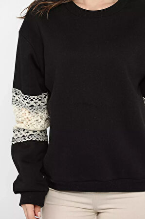 Kadın Bisiklet Yaka Kol Detaylı Şardonlu Sweatshirt