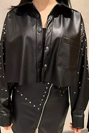 Kadın Zımba Detaylı Crop Top Suni Deri Ceket