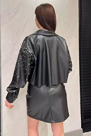 Kadın Zımba Detaylı Crop Top Suni Deri Ceket
