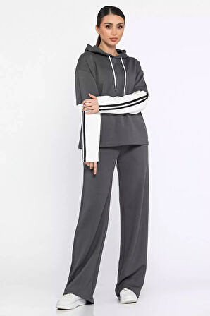 Kadın Kapüşonlu Renk Garnili Eşofman Takımı