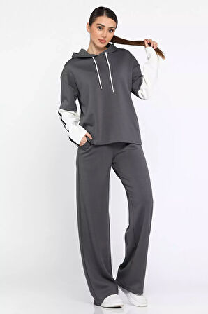 Kadın Kapüşonlu Renk Garnili Eşofman Takımı