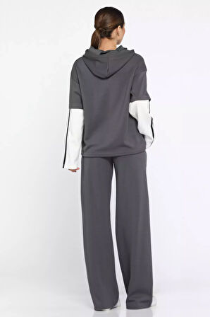 Kadın Kapüşonlu Renk Garnili Eşofman Takımı