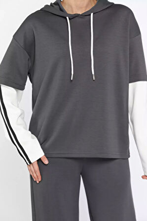 Kadın Kapüşonlu Renk Garnili Eşofman Takımı