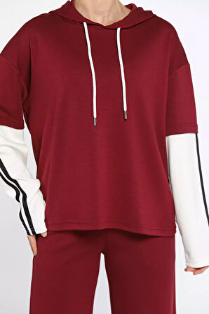 Kadın Kapüşonlu Renk Garnili Eşofman Takımı