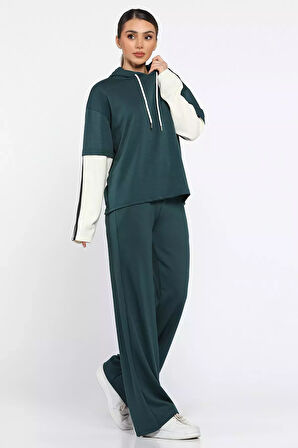 Kadın Kapüşonlu Renk Garnili Eşofman Takımı