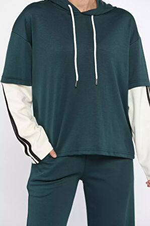 Kadın Kapüşonlu Renk Garnili Eşofman Takımı