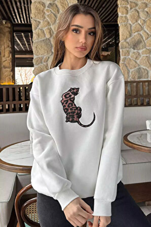 Kadın Leopar Nakışlı Üç İplik Şardonlu Sweatshirt