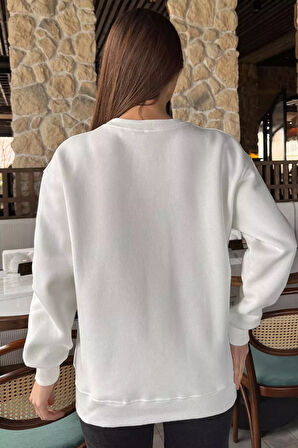 Kadın Leopar Nakışlı Üç İplik Şardonlu Sweatshirt