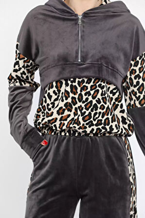 Kadın Leopar Garnili Yarım Fermuarlı Kadife Sweat Pantolon Eşofman Takımı