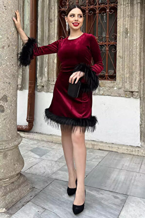 Kadın Tüy Detaylı Kloş Mini Elbise