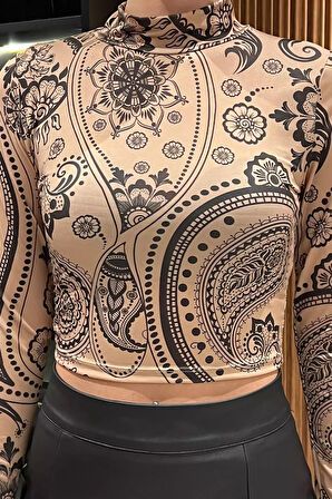 Desenli Yarım Balıkçı Yaka Kadın Croptop Bluz