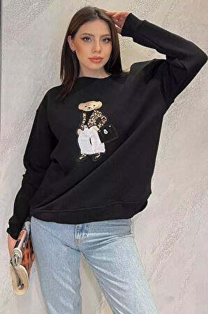 Kadın Bisiklet Yaka Aplikeli Sweatshirt (aplike Ayılar Farklı Gelebilir)
