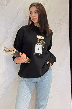 Kadın Bisiklet Yaka Aplikeli Sweatshirt (aplike Ayılar Farklı Gelebilir)
