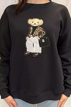 Kadın Bisiklet Yaka Aplikeli Sweatshirt (aplike Ayılar Farklı Gelebilir)