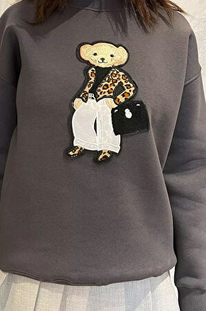 Kadın Bisiklet Yaka Aplikeli Sweatshirt (aplike Ayılar Farklı Gelebilir)