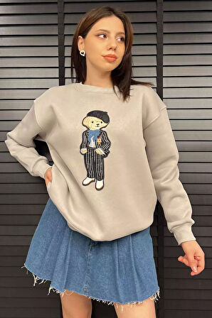 Kadın Bisiklet Yaka Aplikeli Sweatshirt (aplike Ayılar Farklı Gelebilir)
