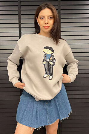 Kadın Bisiklet Yaka Aplikeli Sweatshirt (aplike Ayılar Farklı Gelebilir)