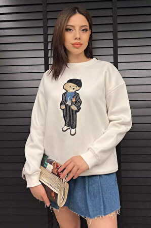 Kadın Bisiklet Yaka Aplikeli Sweatshirt (aplike Ayılar Farklı Gelebilir)
