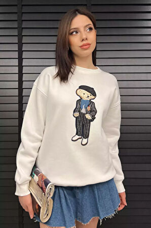 Kadın Bisiklet Yaka Aplikeli Sweatshirt (aplike Ayılar Farklı Gelebilir)