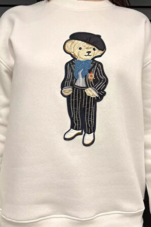 Kadın Bisiklet Yaka Aplikeli Sweatshirt (aplike Ayılar Farklı Gelebilir)