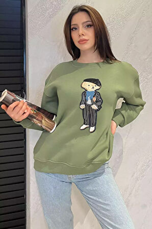 Kadın Bisiklet Yaka Aplikeli Sweatshirt (aplike Ayılar Farklı Gelebilir)