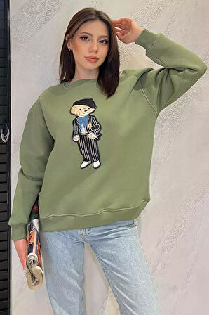 Kadın Bisiklet Yaka Aplikeli Sweatshirt (aplike Ayılar Farklı Gelebilir)