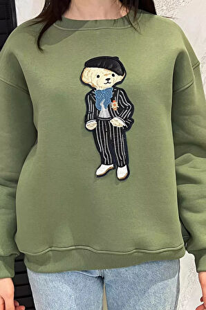 Kadın Bisiklet Yaka Aplikeli Sweatshirt (aplike Ayılar Farklı Gelebilir)