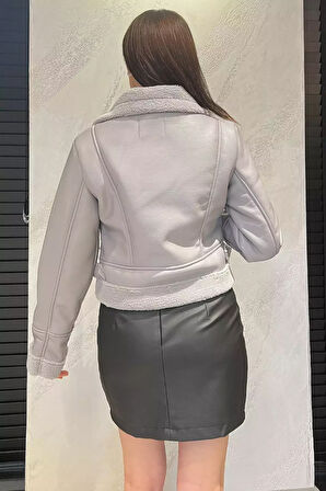 Kadın Kemer Detaylı İçi Peluş Suni Deri Mont