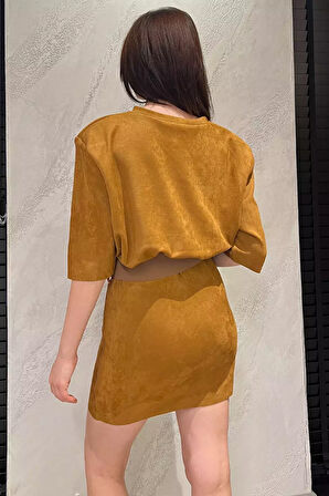 Kadın Bisiklet Yaka Omuz Vatkalı Kemer Detaylı Süet Elbise