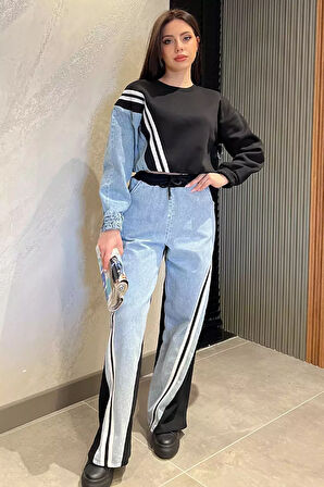 Kadın Kot Garnili Şardonlu Sweat Pantolon İkili Takım