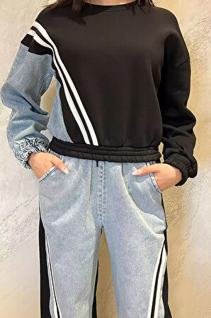 Kadın Kot Garnili Şardonlu Sweat Pantolon İkili Takım
