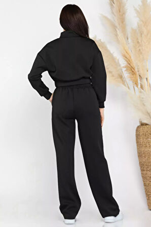 Kadın Scuba Kumaş Kabartma Yazı Baskılı Crop Top Eşofman Takımı