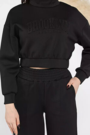 Kadın Scuba Kumaş Kabartma Yazı Baskılı Crop Top Eşofman Takımı