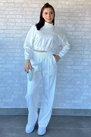 Kadın Scuba Kumaş Kabartma Yazı Baskılı Crop Top Eşofman Takımı