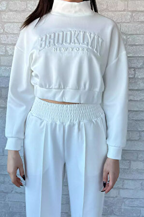 Kadın Scuba Kumaş Kabartma Yazı Baskılı Crop Top Eşofman Takımı