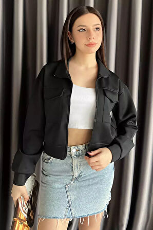 Kadın Scuba Kumaş Fermuarlı Çift Cepli Hırka