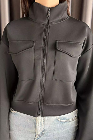 Kadın Scuba Kumaş Fermuarlı Çift Cepli Hırka