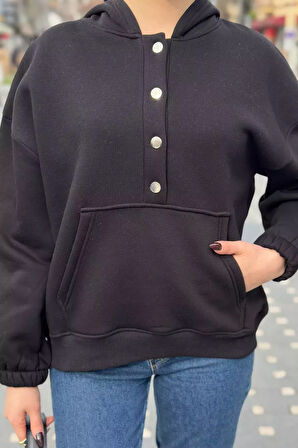 Kadın Şardonlu Kanguru Cepli Düğme Detaylı Sweatshirt