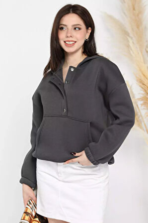 Kadın Şardonlu Kanguru Cepli Düğme Detaylı Sweatshirt