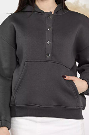 Kadın Şardonlu Kanguru Cepli Düğme Detaylı Sweatshirt