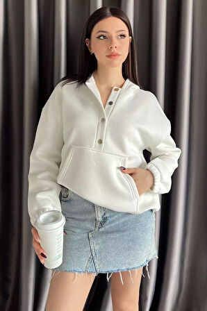 Kadın Şardonlu Kanguru Cepli Düğme Detaylı Sweatshirt