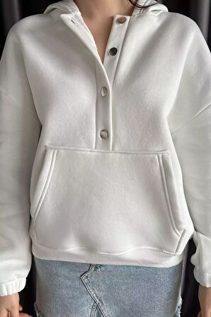Kadın Şardonlu Kanguru Cepli Düğme Detaylı Sweatshirt