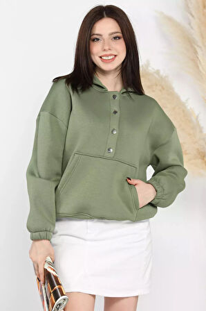 Kadın Şardonlu Kanguru Cepli Düğme Detaylı Sweatshirt