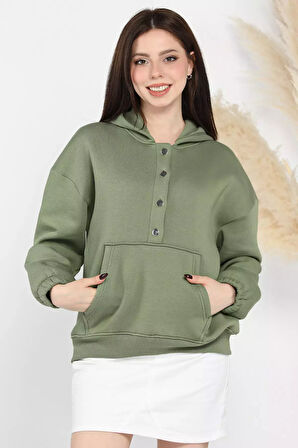 Kadın Şardonlu Kanguru Cepli Düğme Detaylı Sweatshirt