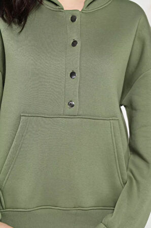Kadın Şardonlu Kanguru Cepli Düğme Detaylı Sweatshirt