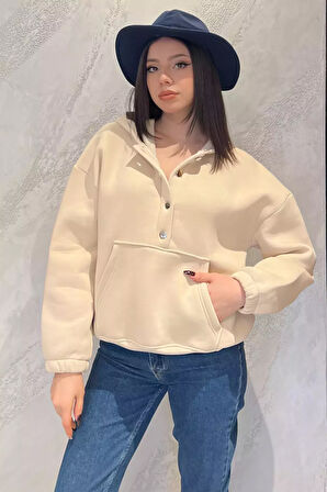 Kadın Şardonlu Kanguru Cepli Düğme Detaylı Sweatshirt