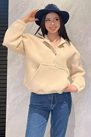 Kadın Şardonlu Kanguru Cepli Düğme Detaylı Sweatshirt