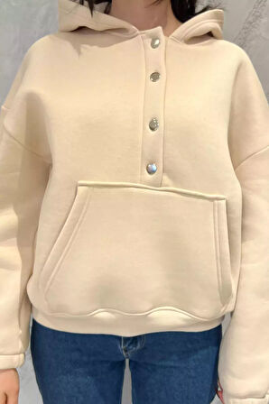 Kadın Şardonlu Kanguru Cepli Düğme Detaylı Sweatshirt